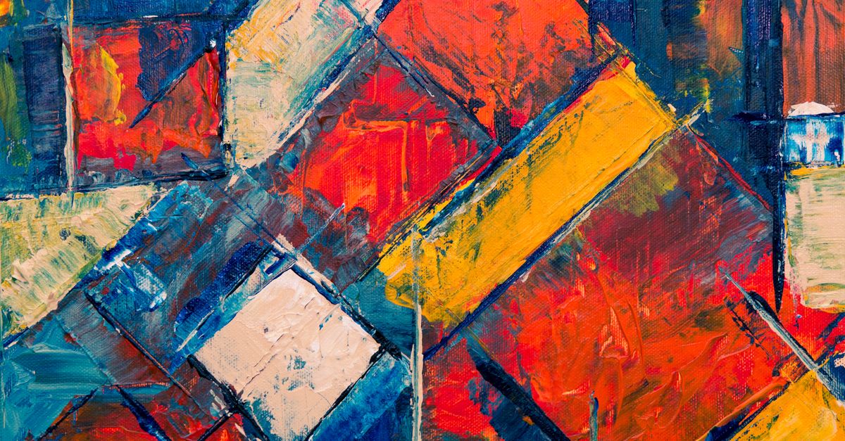 Bold and colorful abstract geometric painting with vibrant colors on canvas.