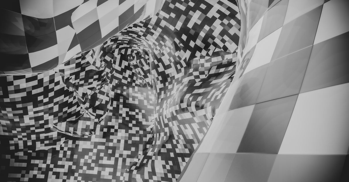 Abstract image featuring a black and white checkered pattern with pixelated forms.