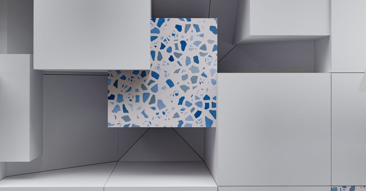 A modern abstract depiction of 3D cubes with a terrazzo pattern featuring blue accents.