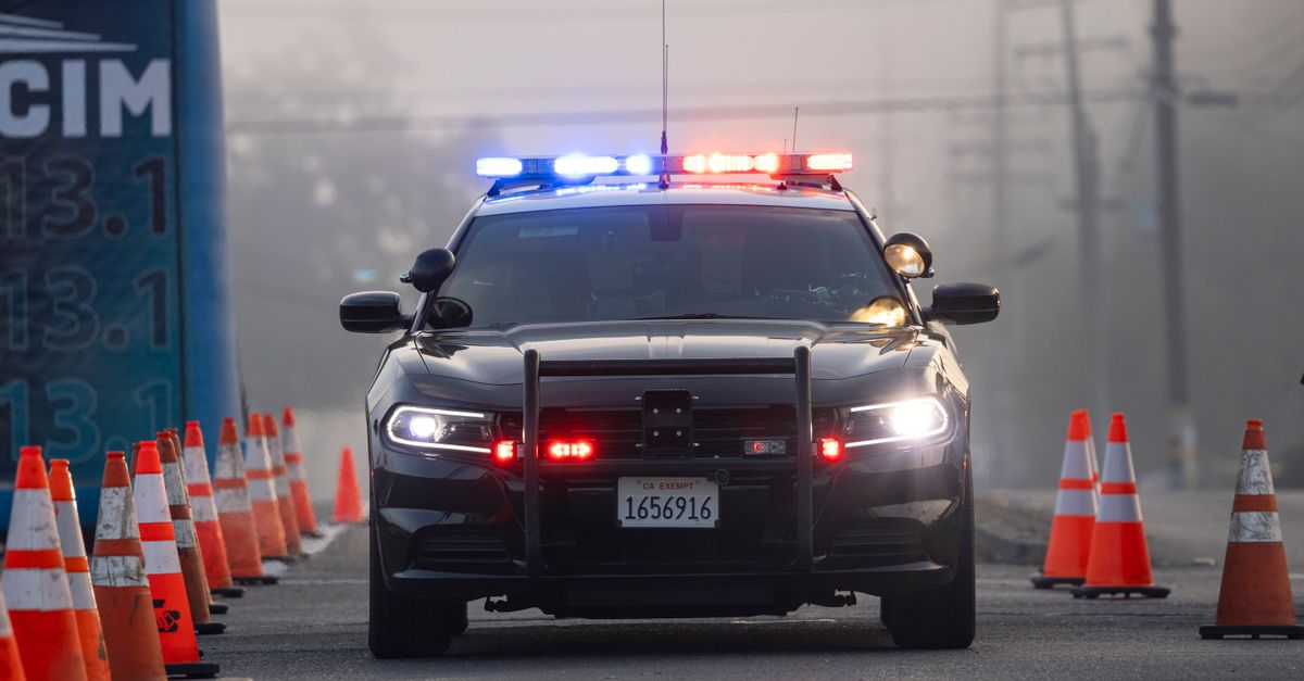 A police car with sirens on at a traffic checkpoint surrounded by cones.
