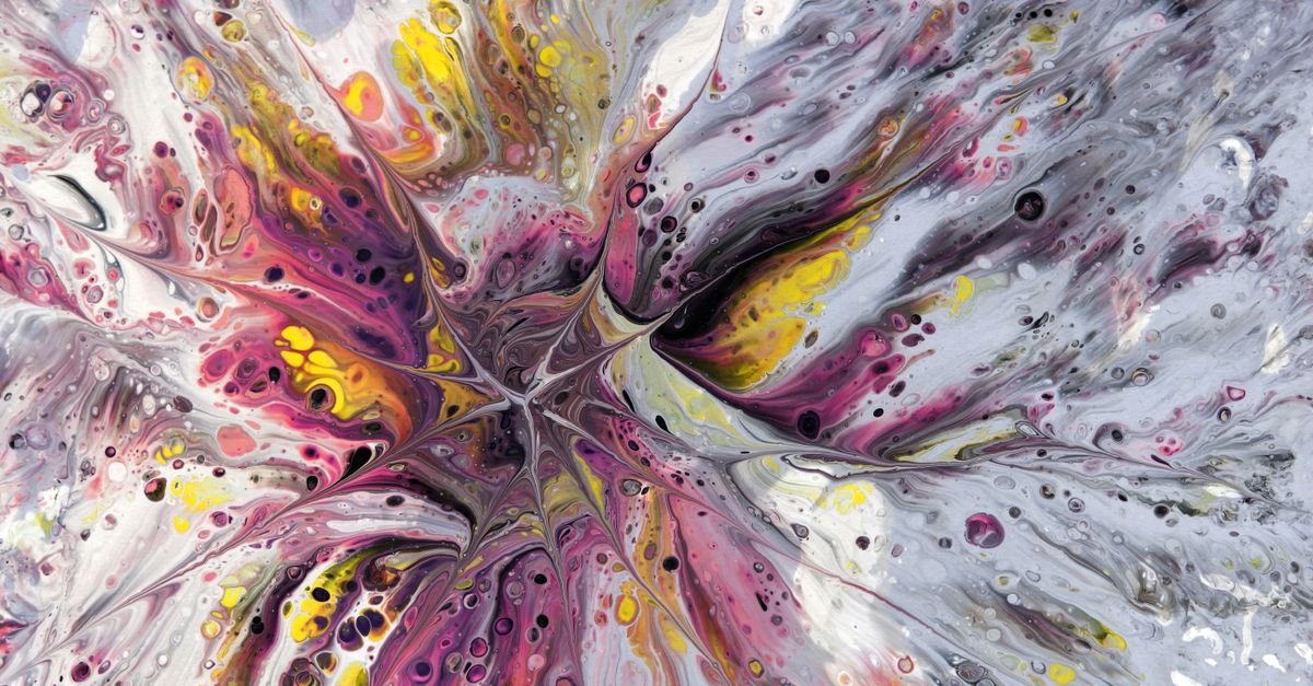 An intricate abstract painting showcasing fluid art with dynamic pink, yellow, and gray hues.