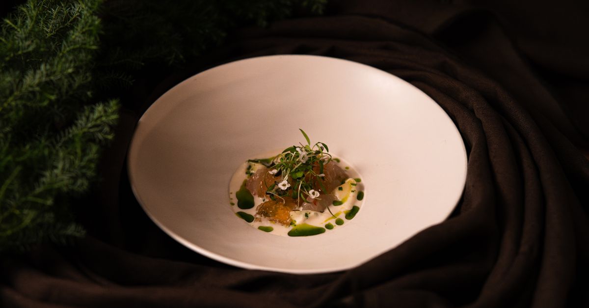 Exquisite gourmet presentation of an artisanal dish in a high-end Tokyo restaurant, showcasing culinary artistry.
