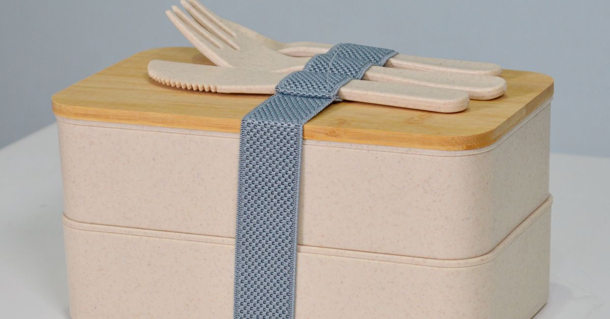Stylish eco-friendly double layer bento box with bamboo lid and cutlery, perfect for healthy meals.