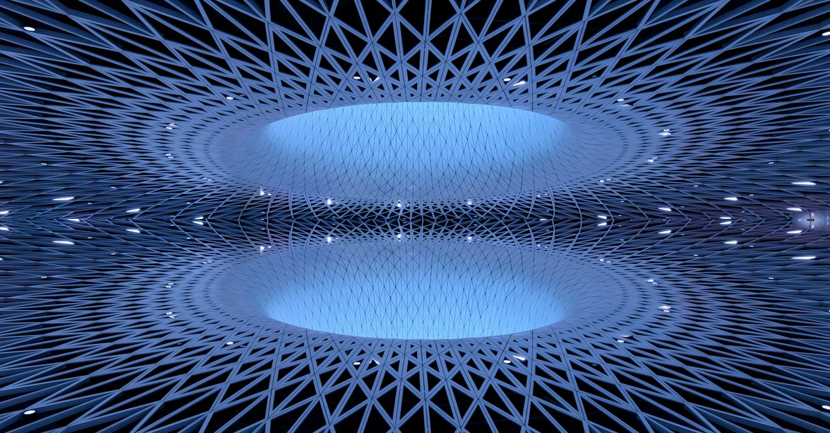 Explore a stunning modern dome architecture with intricate patterns and futuristic symmetry in a cool blue tone.
