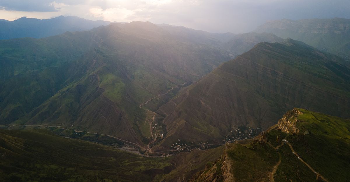 Breathtaking aerial view of mountainous landscape in Goor, Dagestan, Russia, capturing nature's beauty.